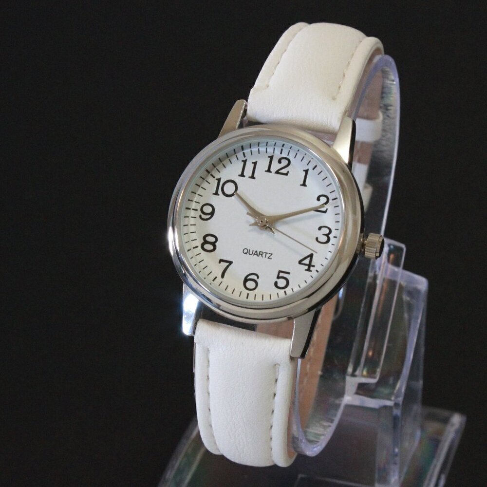 Ladies Easy Reader Dress Watch Silver Tone White Strap Arabic Numerals 28mm - Picture 4 of 12